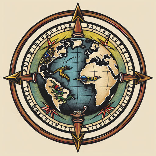 Flat tattoo sketch of a globe with historical trade routes, rich blues and golds, clipart style