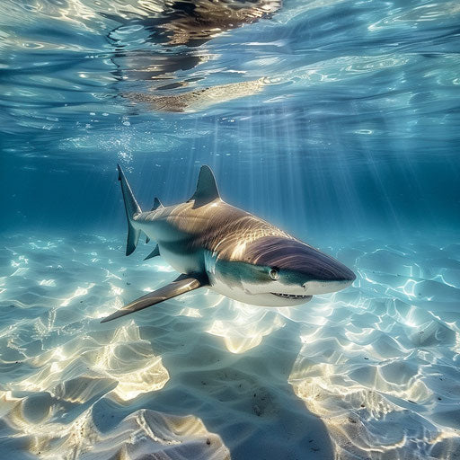 Bull shark gliding through crystal-clear waters with rays of sunlight