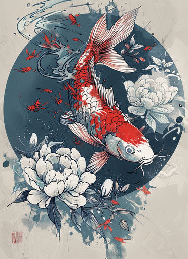 Koi with red and white flower, classic tattoo style
