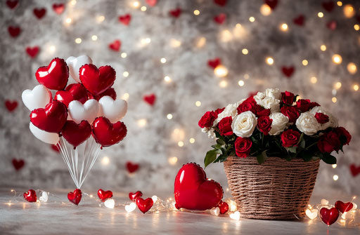 12 heart-shaped balloons in red and white, a bouquet of roses in a basket, a Valentine's Day backdrop with fairy lights.