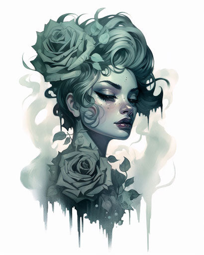 Black rose portrait in light teal and light green style