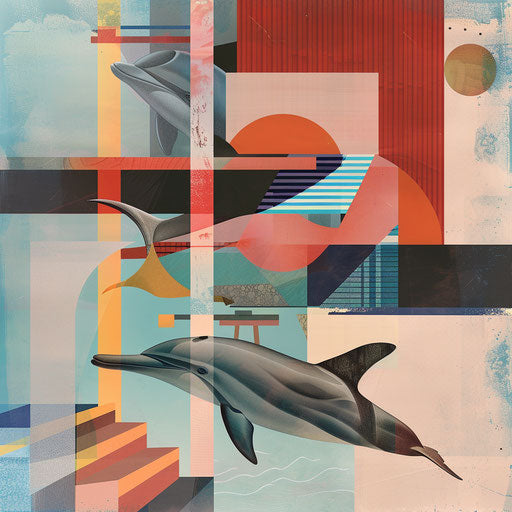Abstract composition with geometric shapes and dolphins