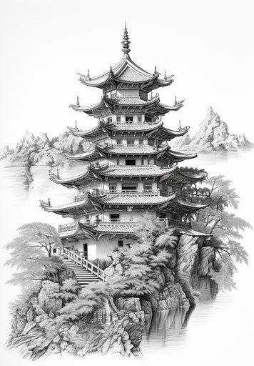 Asian pagoda in black and white, classic tattoo motif