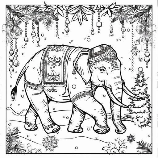Elephant adorned with festivities for a parade. Coloring page