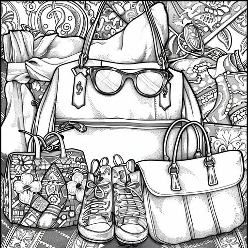 Whimsical accessories: sunglasses, handbags, scarves. Coloring book page