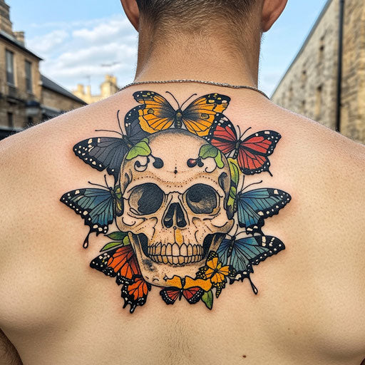 Skull surrounded by vibrant butterflies