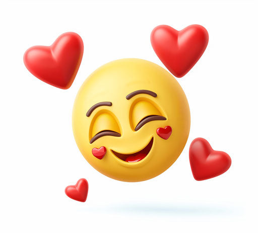 Yellow smiley face with red hearts on white background