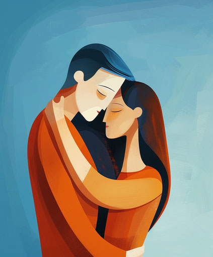 Couples embrace man woman blue background simplified icons