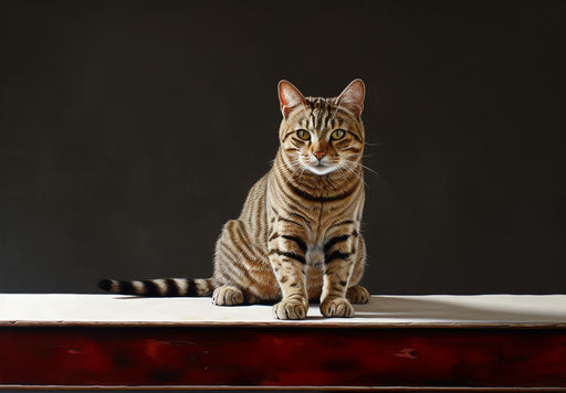 Tabby cat on white table, light brown and maroon style, delicate markings
