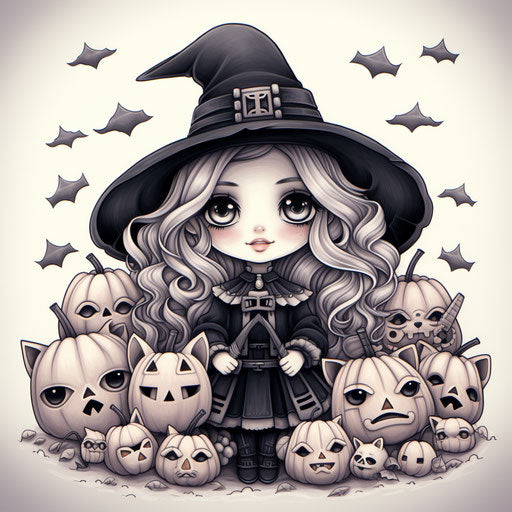 Cute witch and friends coloring page, black and white