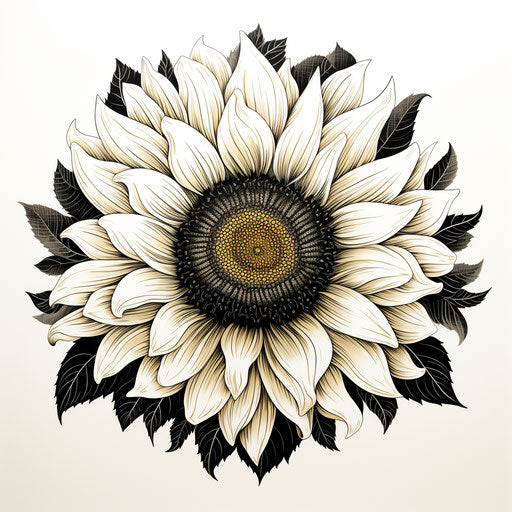 Sunflower with intricate black and white design