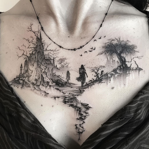 Epic narrative collarbone tattoo of mythological journey