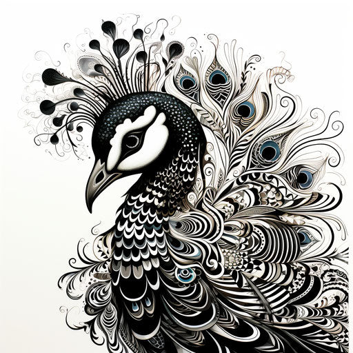A black and white drawing of a peacock, in the style of intricate patterns, delicate lines