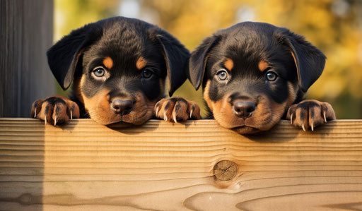 Two rottweiler puppies peeping out from a wooden fence