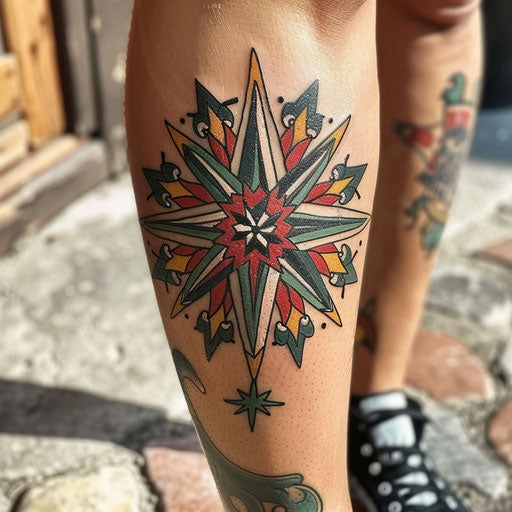 Leg tattoos for women in Sailor Jerry style featuring nautical star