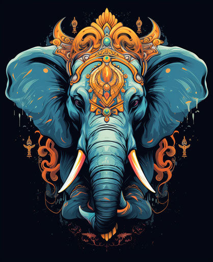 Elephant with ornamental golden and blue crown, expressive