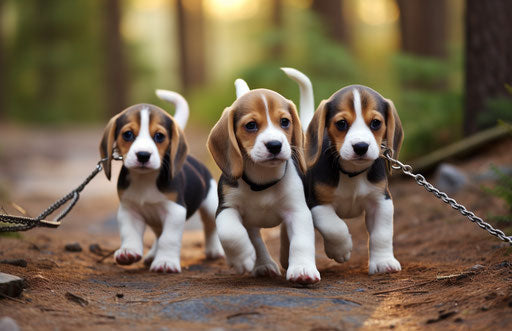 Beagle puppies on leash without issues