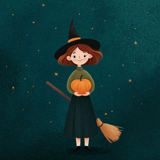 A cheerful witch with a pumpkin against a starry sky