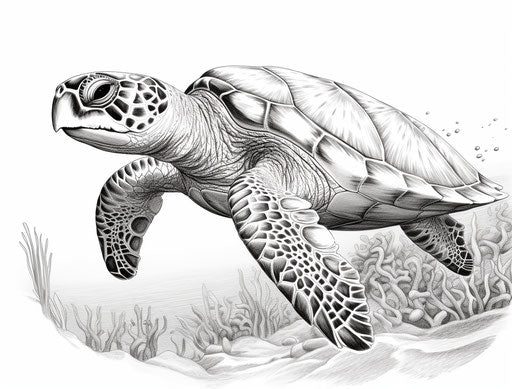 The sea turtle as an illustration in black and white, precise detailing style