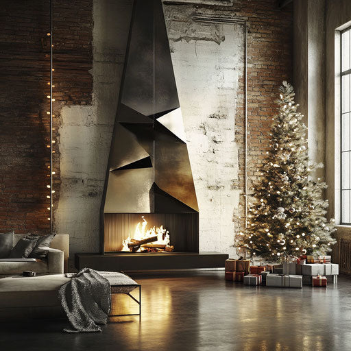 Minimalist urban loft fireplace with modern Christmas tree