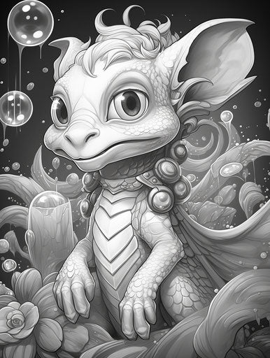 Dragon playing with bubbles, detailed linework