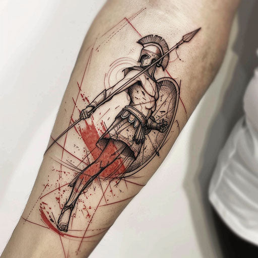Sketch-style tattoo of Achilles with shield and spear