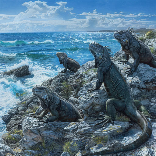 Iguanas basking on a rocky outcrop by the sea