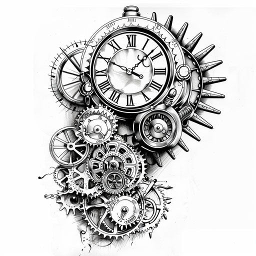 Steampunk gear and clockwork tattoo design in black on white background