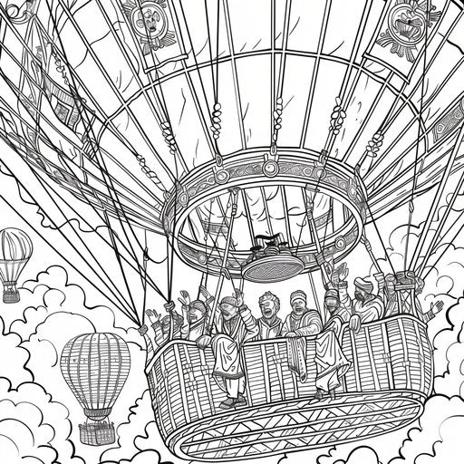 Hot air balloon with people waving. Coloring book page