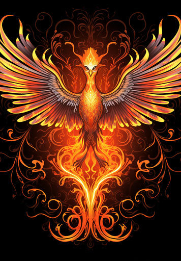 Silhouette of phoenix with fiery outlines, vibrant orange style, realistic details