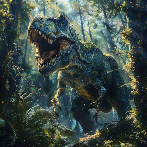 T-rex in a majestic primeval forest