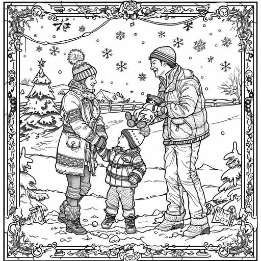 Winter family scene with snowflakes and frosty details