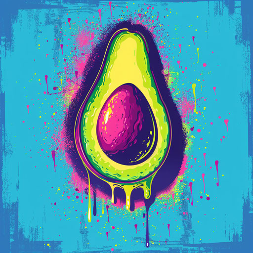 Vibrant flat tattoo sketch of an avocado in a neon color run
