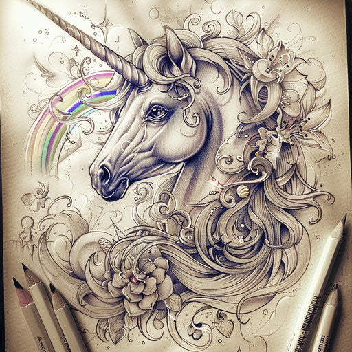 Sketch of a mystical unicorn tattoo with a rainbow