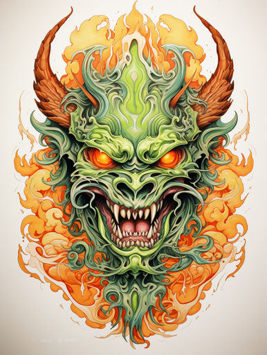 The demonic creature tattoo, in flamboyant style, light orange and light green, bone 3:4