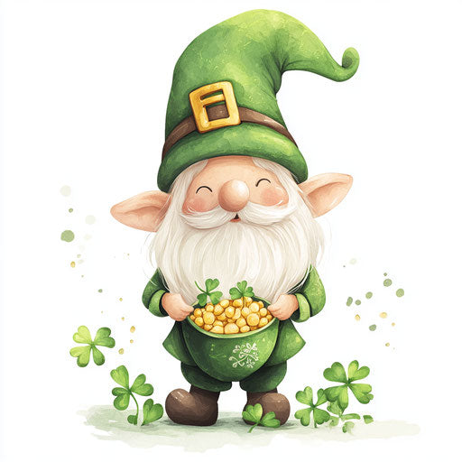 St. Patrick's Day, Cute Gnome with pot of gold and shamrocks