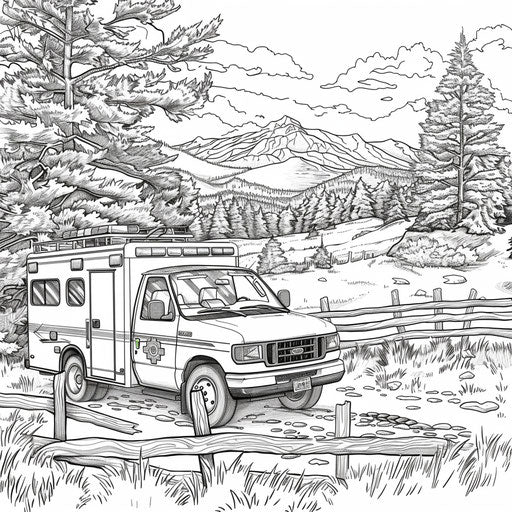 Rural ambulance driving through fields and forests