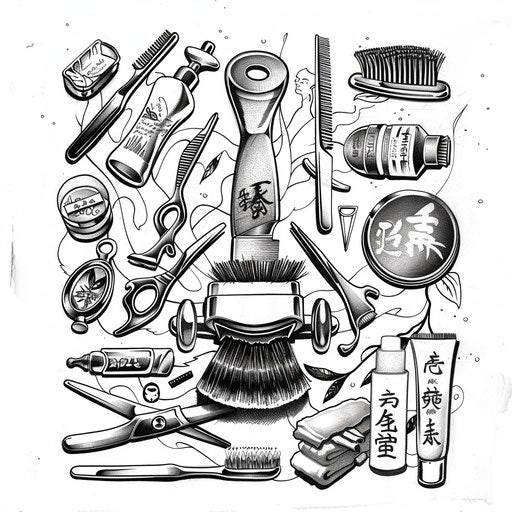 Cultural flat tattoo sketch of barber's tools with traditional Japanese motifs