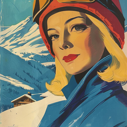 Art deco style poster in a winter theme, blonde woman with straight hair at a ski resort wearing modern clothing