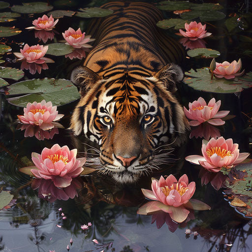 Tiger's reflection in a crystal-clear pond surrounded by blooming lotuses