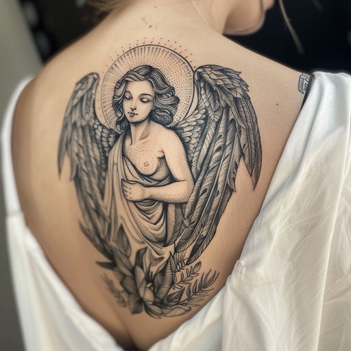 A guardian angel tattoo inspired by folklore with mythical motifs and symbols on white background