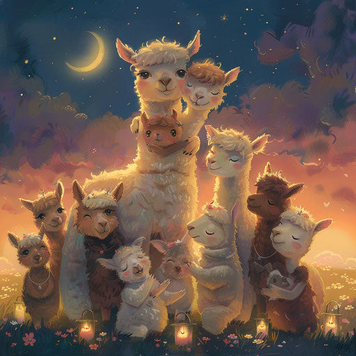 Alpaca families gathering at dusk