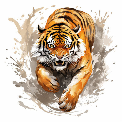 Oriental tiger tattoo jump intense movement white background