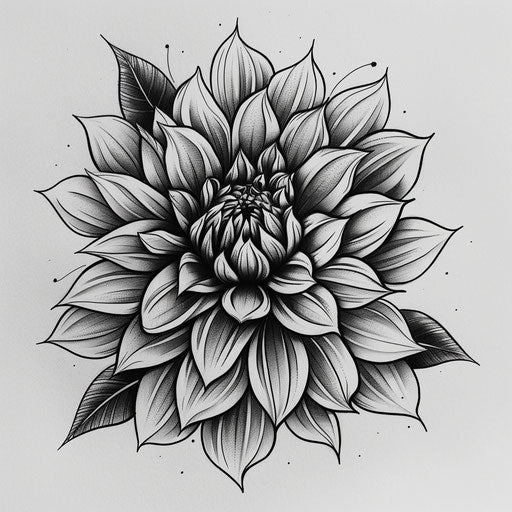 Black and white dahlia tattoo sketch with high contrast