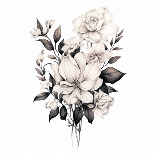 Black and white flowers, tattoo style, hazy romanticism
