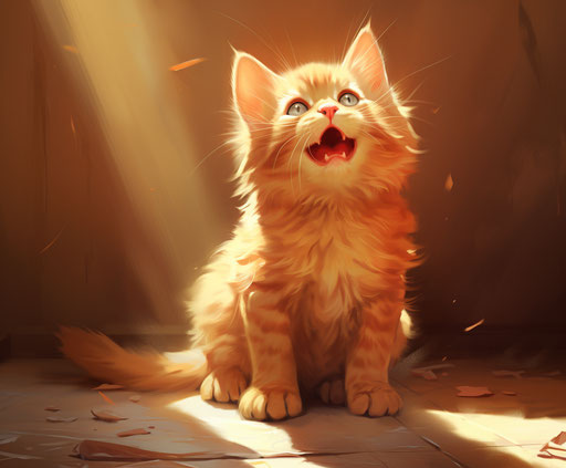 A red kitten sitting on the floor sticks out its tongue