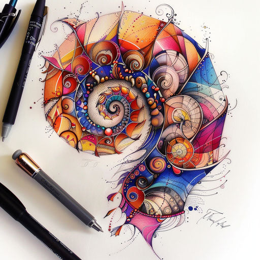 Fantasy-themed tattoo sketch of a Fibonacci spiral with whimsical elements and vibrant colors
