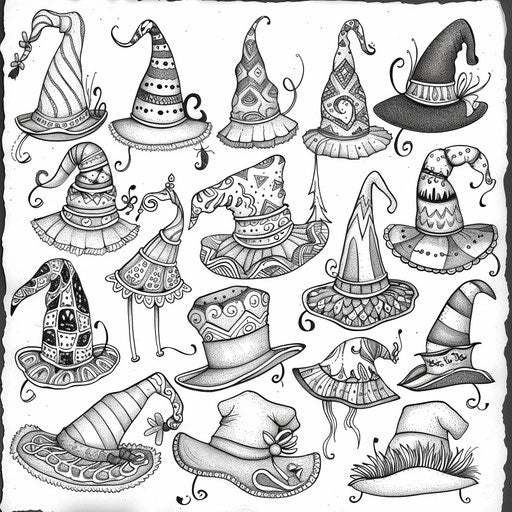 Whimsical hat collection with various styles and patterns
