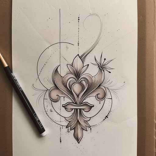 Zen tattoo sketch of a fleur de lis with minimalist zen circle and neutral tones