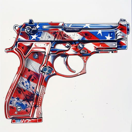 Patriotic tattoo design of a gun with an American flag